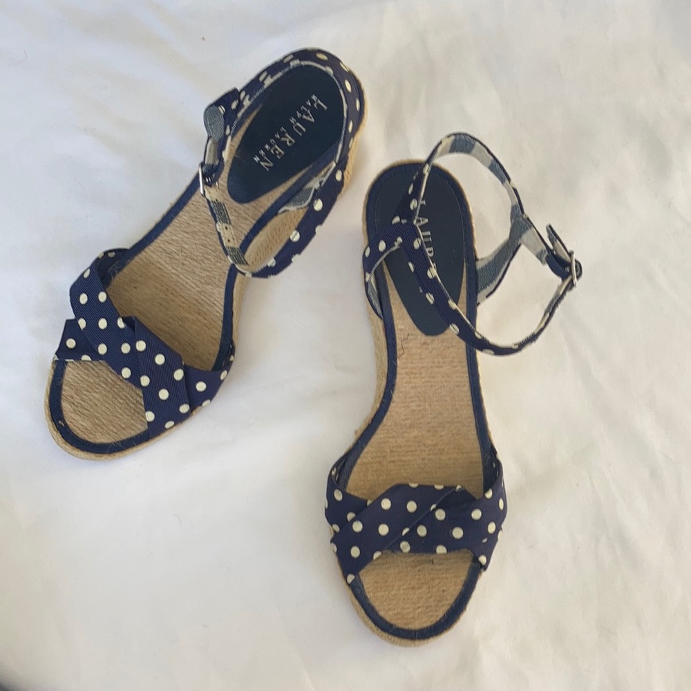 Ralph Lauren, blue and white polka dot, sandals.